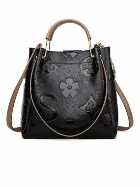 Genuine Cowhide Leather Handbag Black Large Shoulder Bucket Western Cowboy